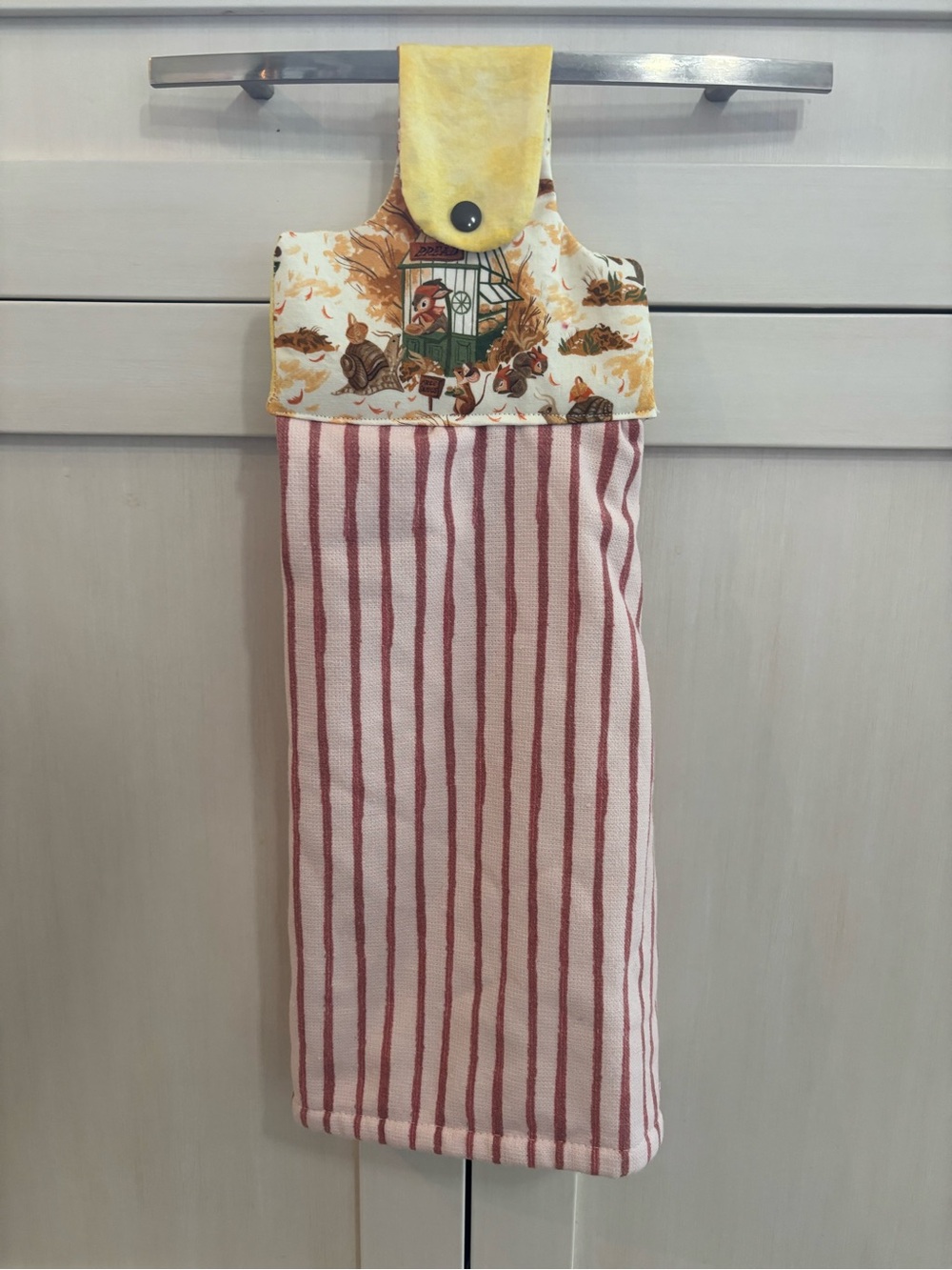 Striped Pink Hanging Kitchen Towel with Yellow Top vintage style